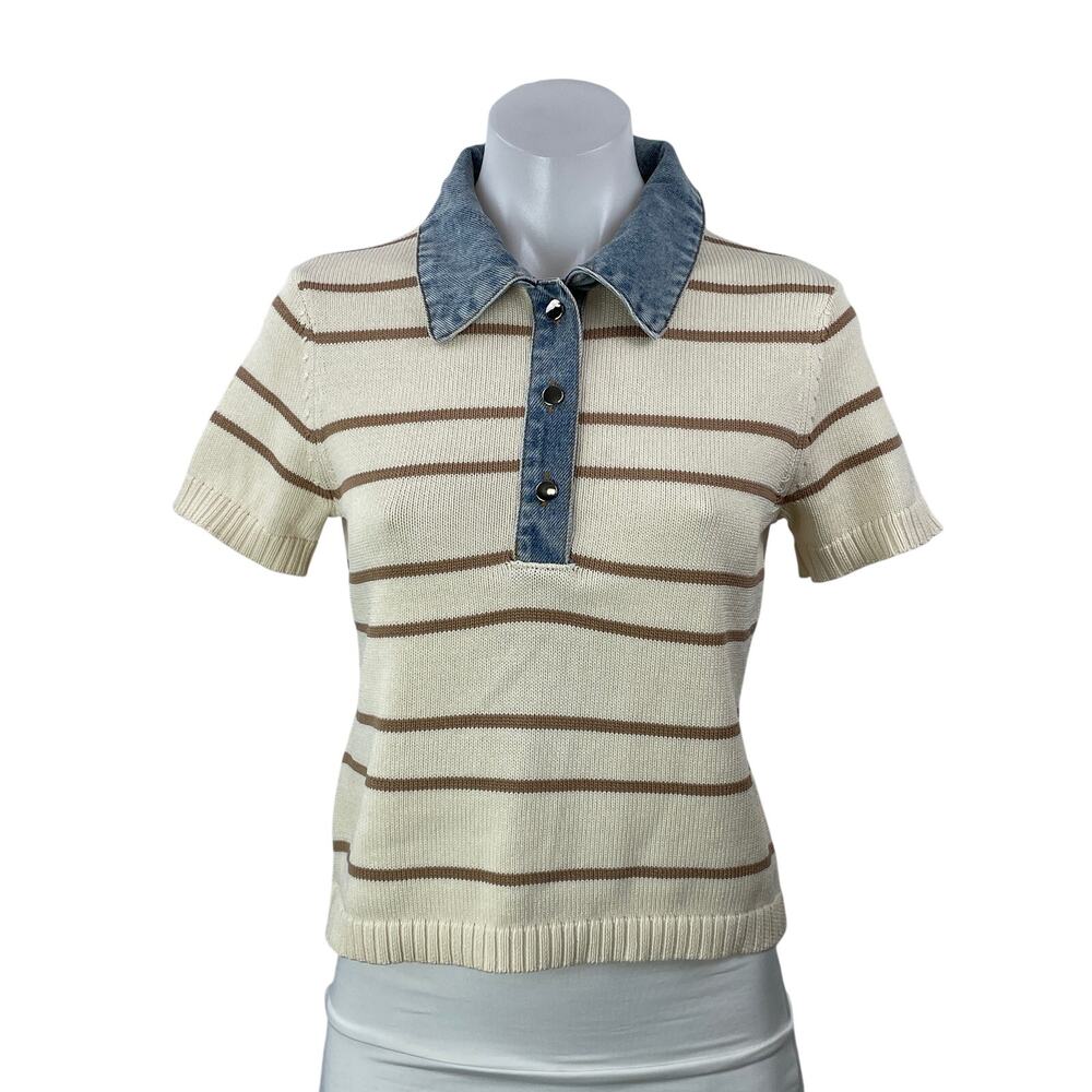 Olivaceous Gypsy and Gold Cream Striped Short Sleeve Collared Polo Shirt Top M